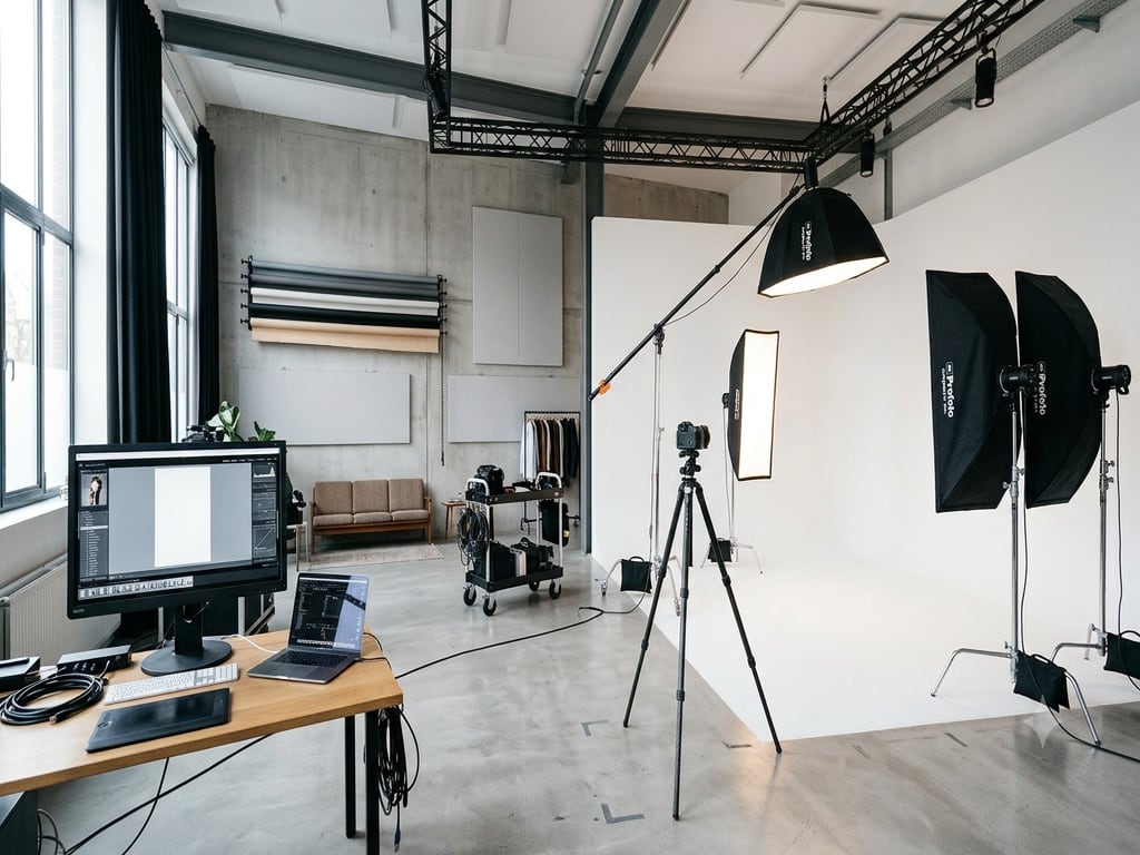 De studio ingericht voor fotografie en film