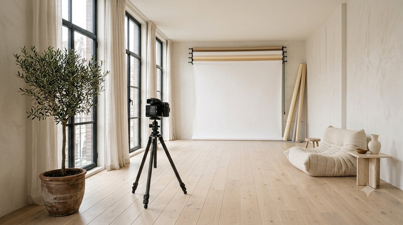 De daglichtstudio met hoge ramen, lichte eikenhouten vloer, papieren achtergrondrollen en een camera op statief